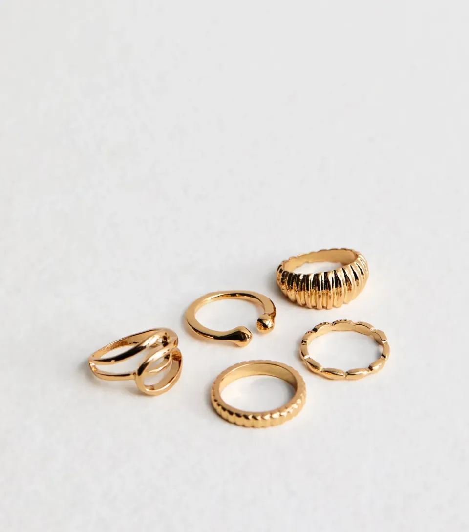 Pack of 5 Gold Tone Chunky Rings