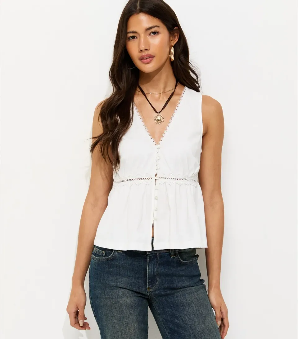 Women's White Lace Trim Button Font Peplum Waist Tank Top