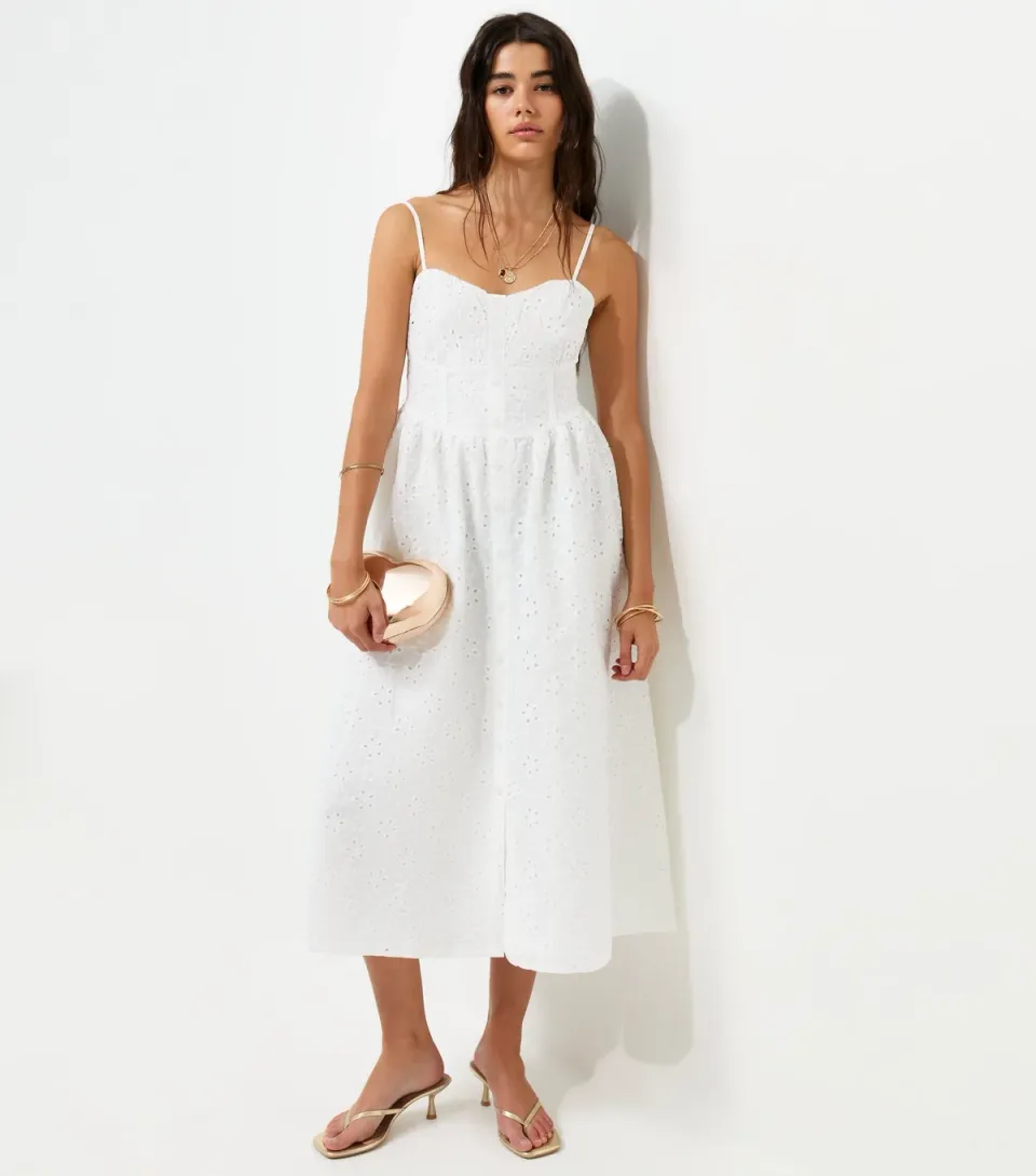 Women's White Broderie Anglaise Corset Waist Midi Dress