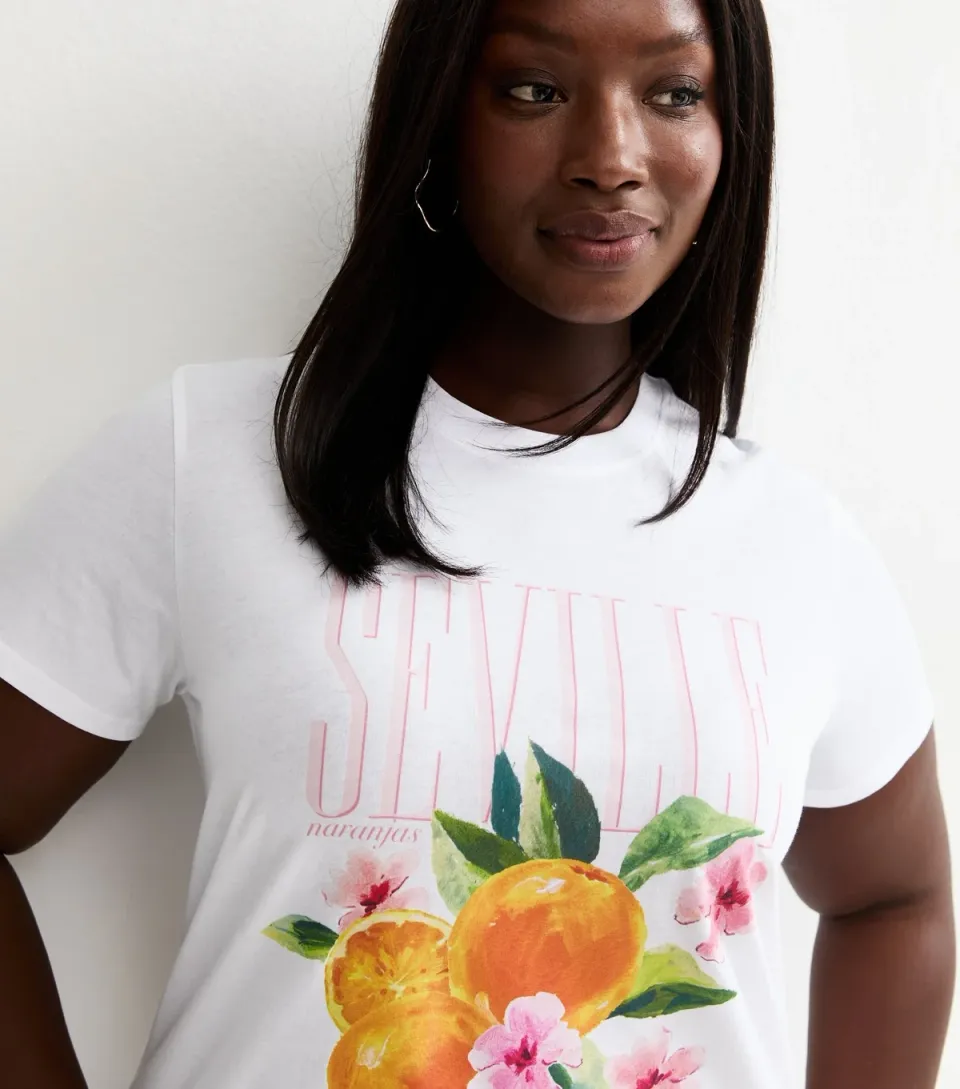 Women's Plus Size White Seville Orange Print Relaxed T-Shirt Curves