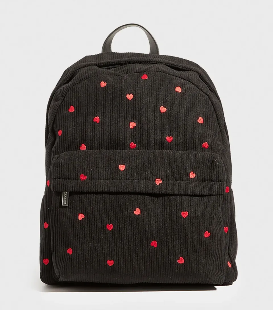 Black Heart Embroidered Corduroy Backpack