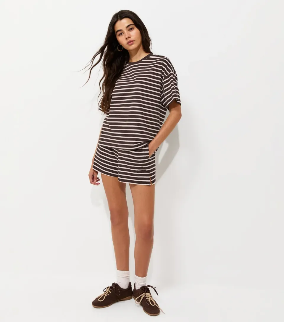 Women's Brown Cotton Striped Side Split Shorts