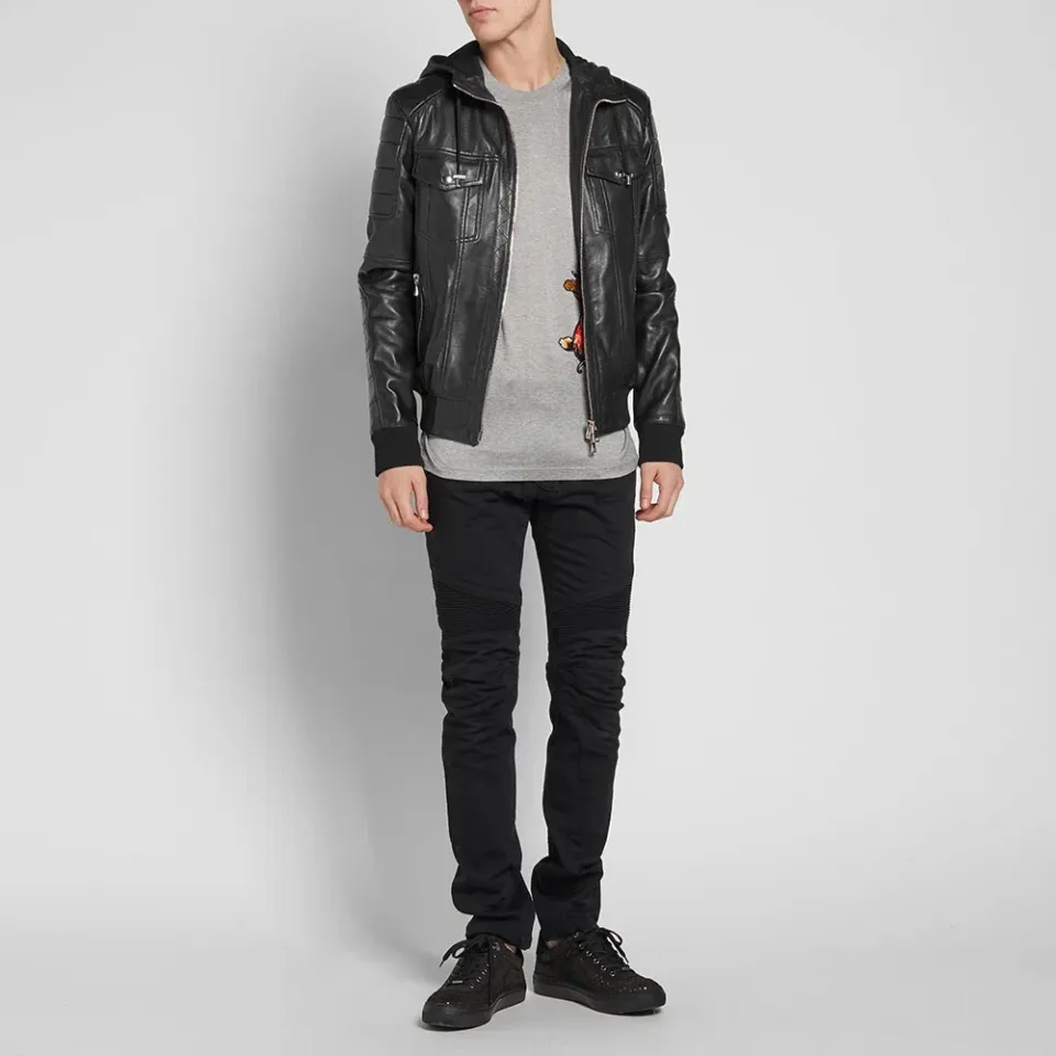 Hooded Leather Biker Jacket