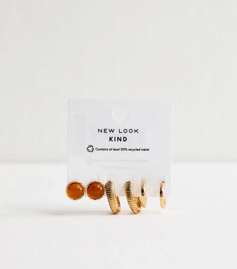 Pack Of 3 Gold Tone Hoop and Domed Stud Earrings