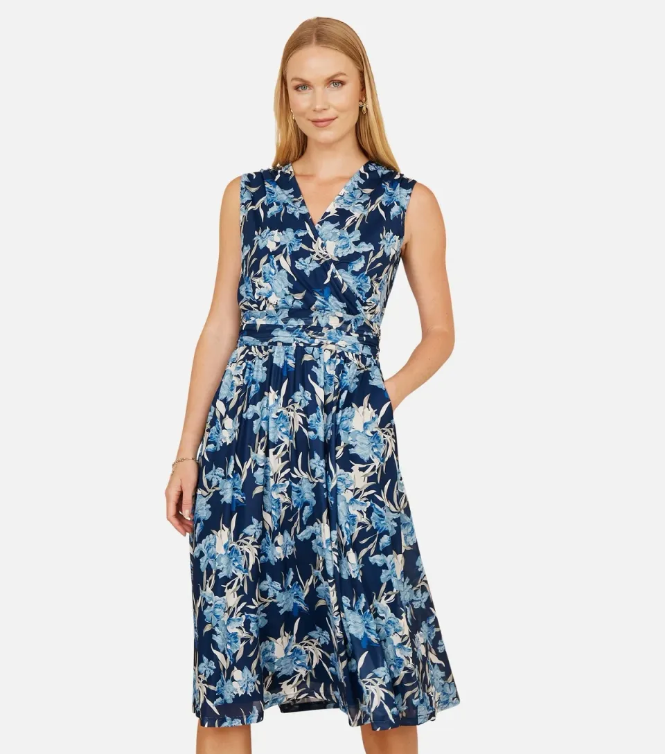 Women's Blue Floral Print Wrap Front Midi Dress