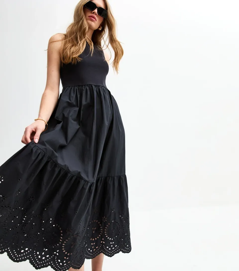 Women's Black Rib Racerback Broderie Anglaise Embroidered Midi Dress