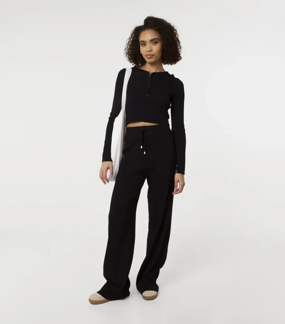 Women's Black Ribbed Half Zip Hoodie and Wide Leg Set