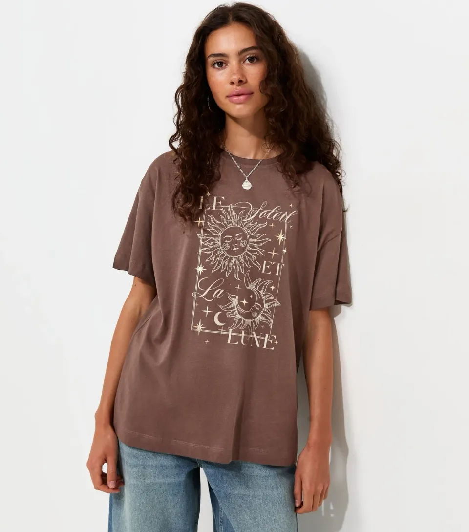Women's Dark Brown Cotton Sun Moon Oversized T-Shirt