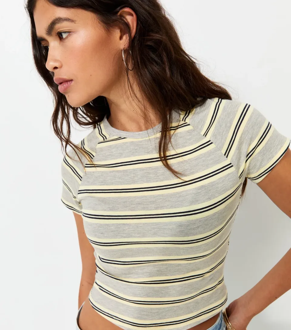 Women's Grey Cotton Rich Striped Raglan Baby Tee T-Shirt