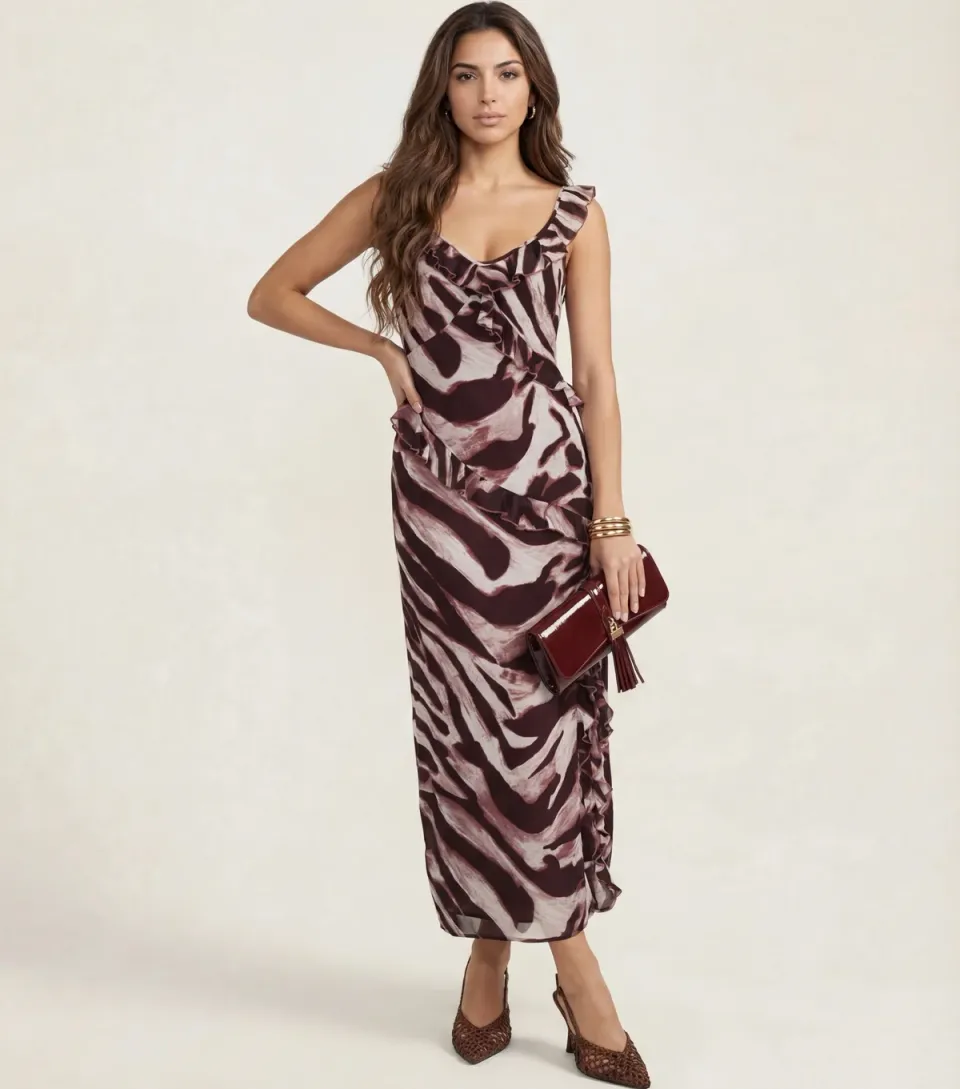 Women's Burgundy Zebra Print Ruffled Maxi Dress