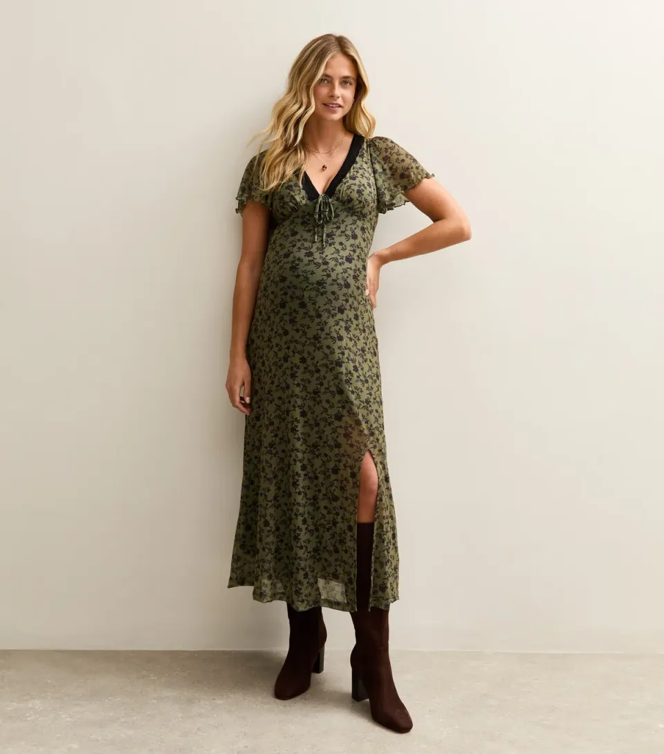 Women's Maternity Khaki Floral Mesh Lace Midi