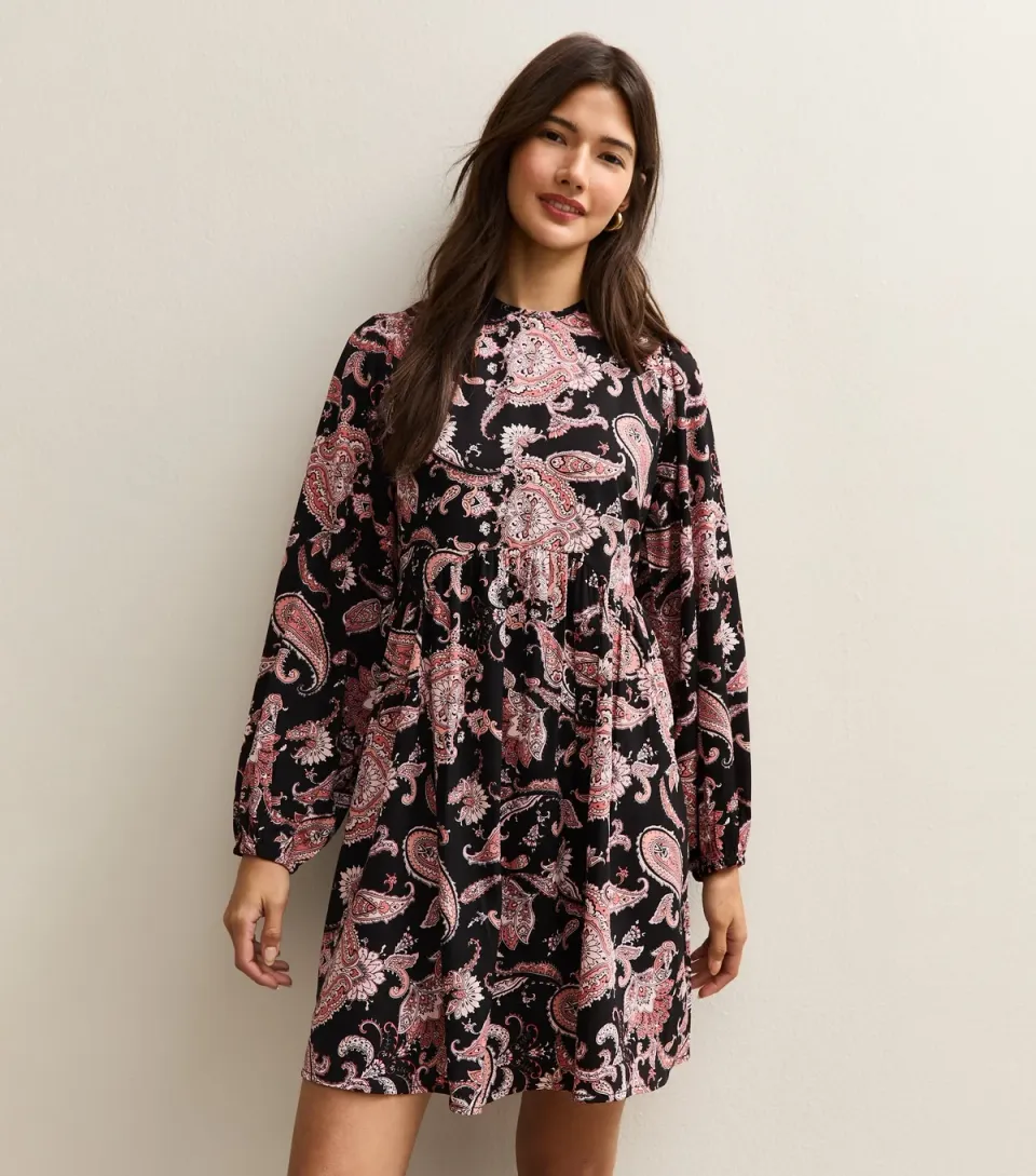 Women's Black Paisley Long Sleeve Smock Mini Dress