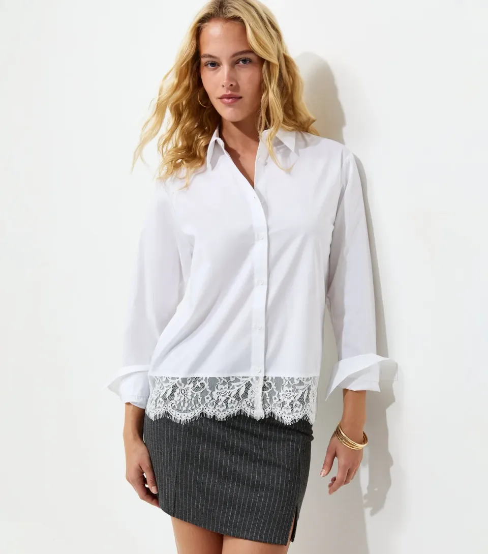 Women's Tall White Cotton Rich Poplin Lace Trim Shirt