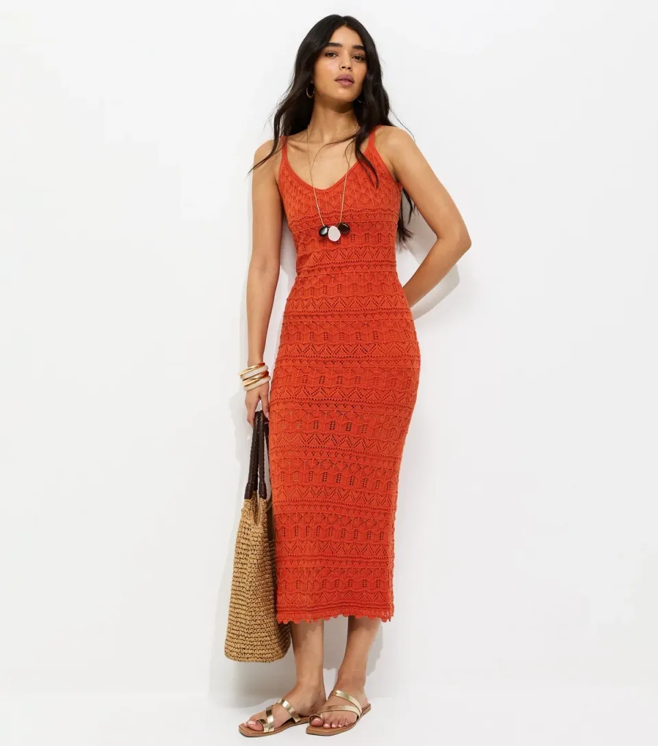 Women's Bright Orange Cotton Rich Open Knit V-Neck Midi Dress