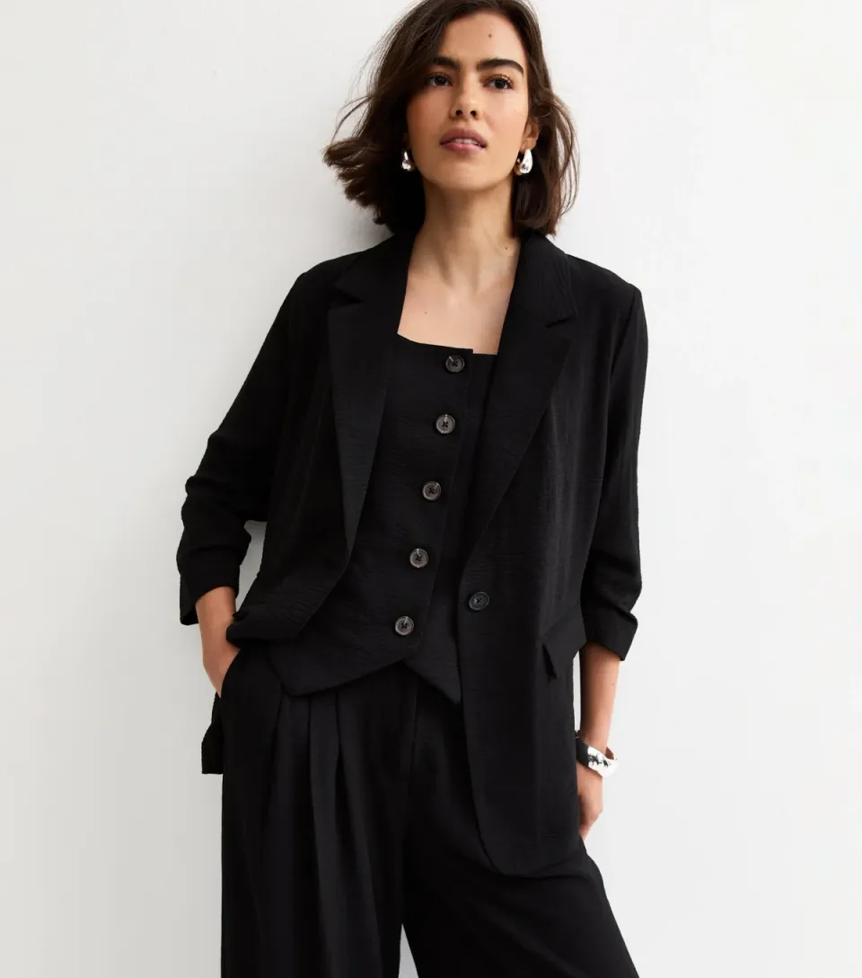 Women's Black Ruched Sleeve Blazer