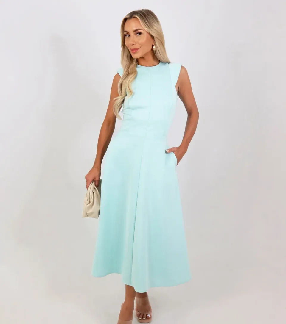 Women's Mint Green Round Neck A-Line Midi Dress