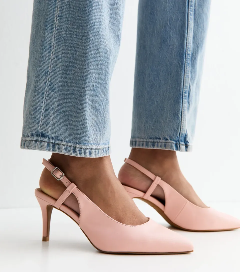 Women's Wide Fit Light Pink Faux Leather Slingback Court Shoes Vegan
