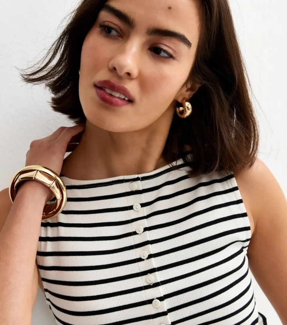 Women's Black Striped Button Through Tank Top