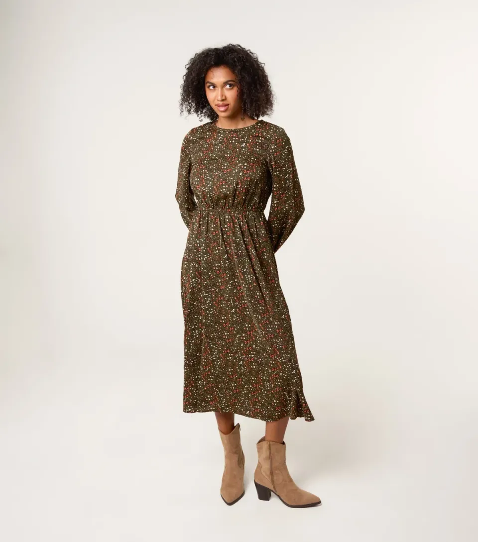 Women's Dark Khaki Animal Print Midi Dress
