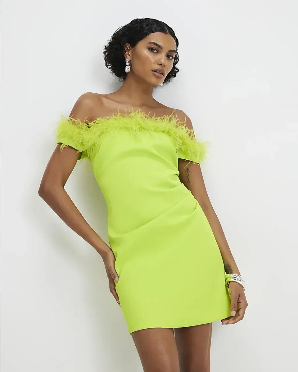 Satin Bardot Feather Trim Mini Dress