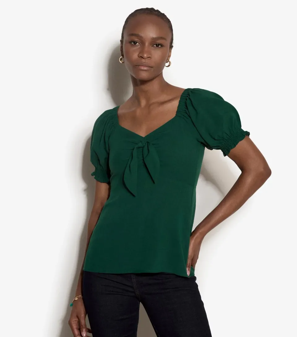 Women's Dark Green Tie Front Milkmaid Top