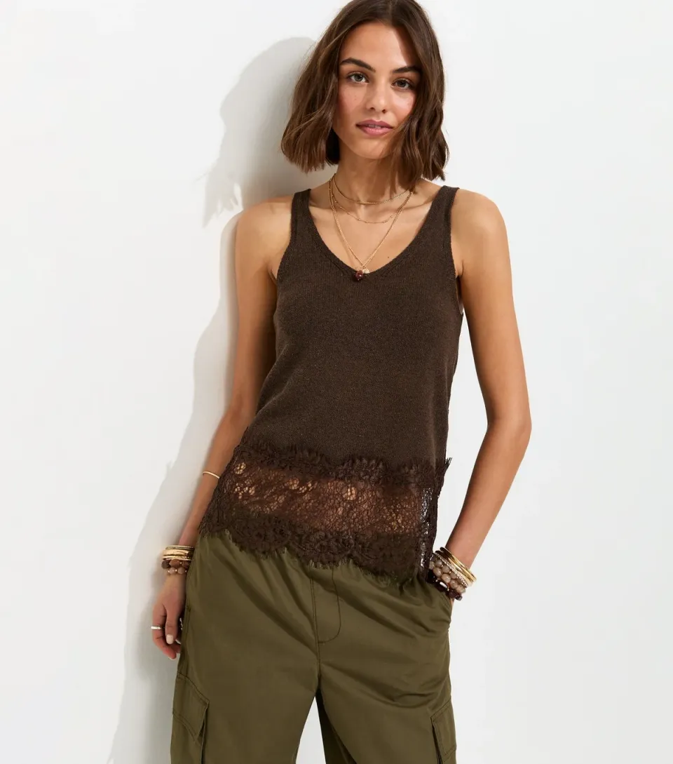 Women's Brown Lace Trim V-Neck Vest