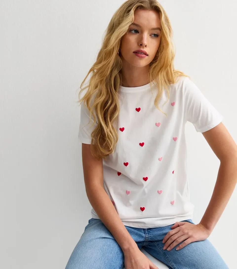 Women's White Valentines Heart Patterened Relaxed T-Shirt