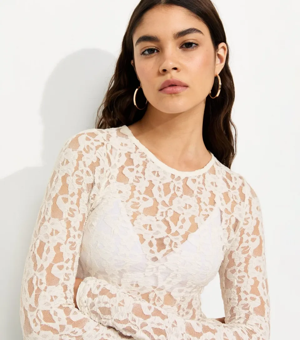 Women's Cream Sheer Floral Lace Long Sleeve Top