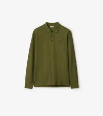 Long-sleeve Cotton Polo Shirt in Olive green