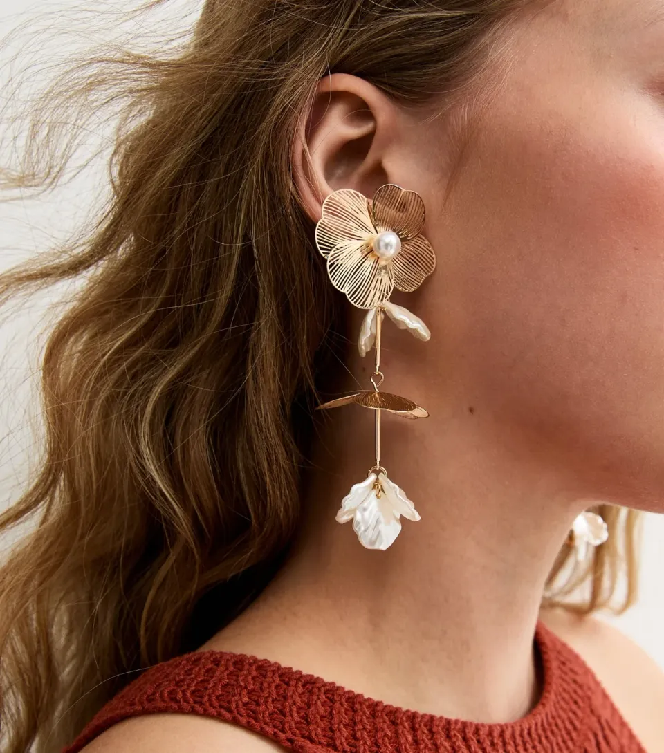 Gold Tone Flower and Faux Pearl Drop Earrings