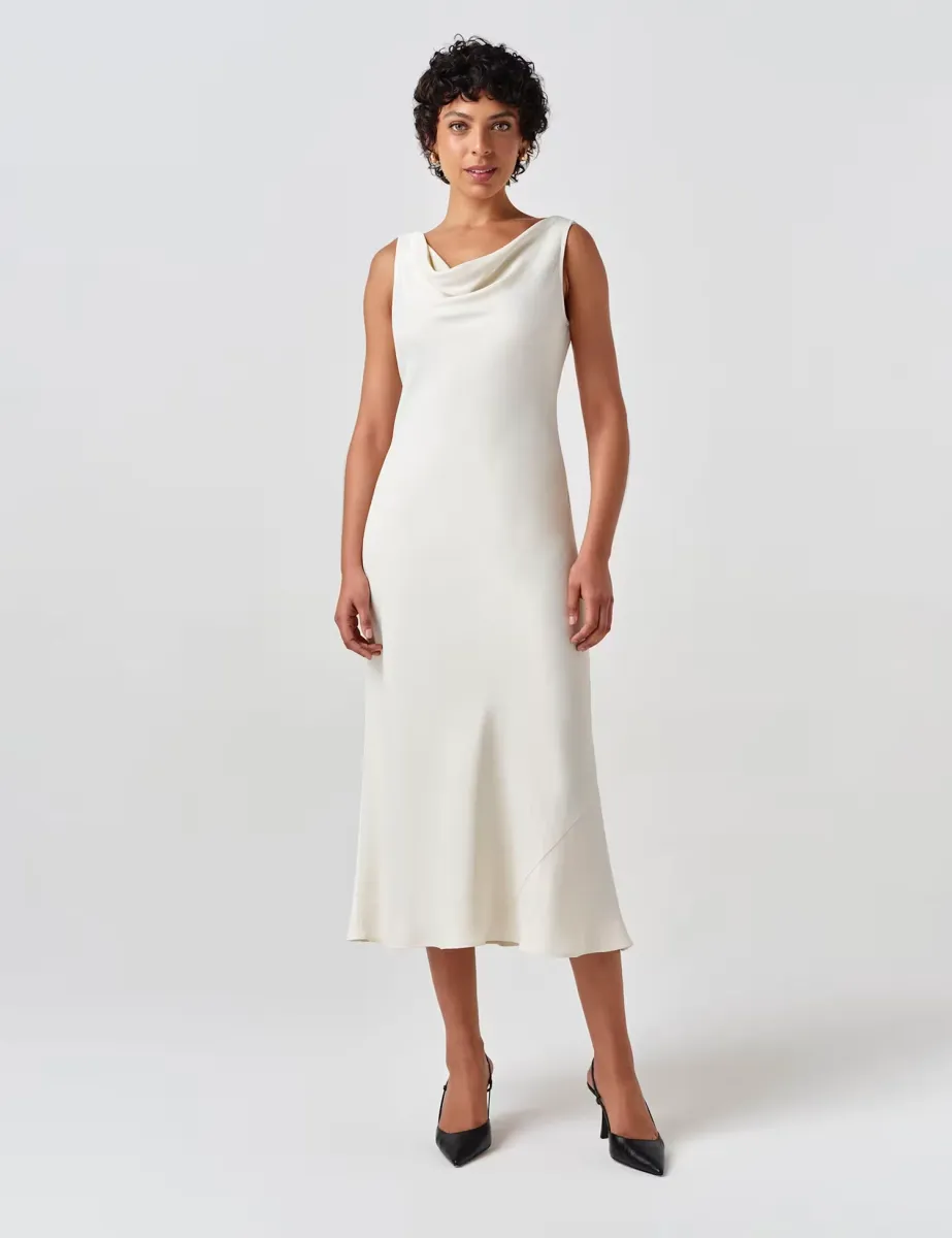 Satin Cowl Neck Midi Column Dress Ivory
