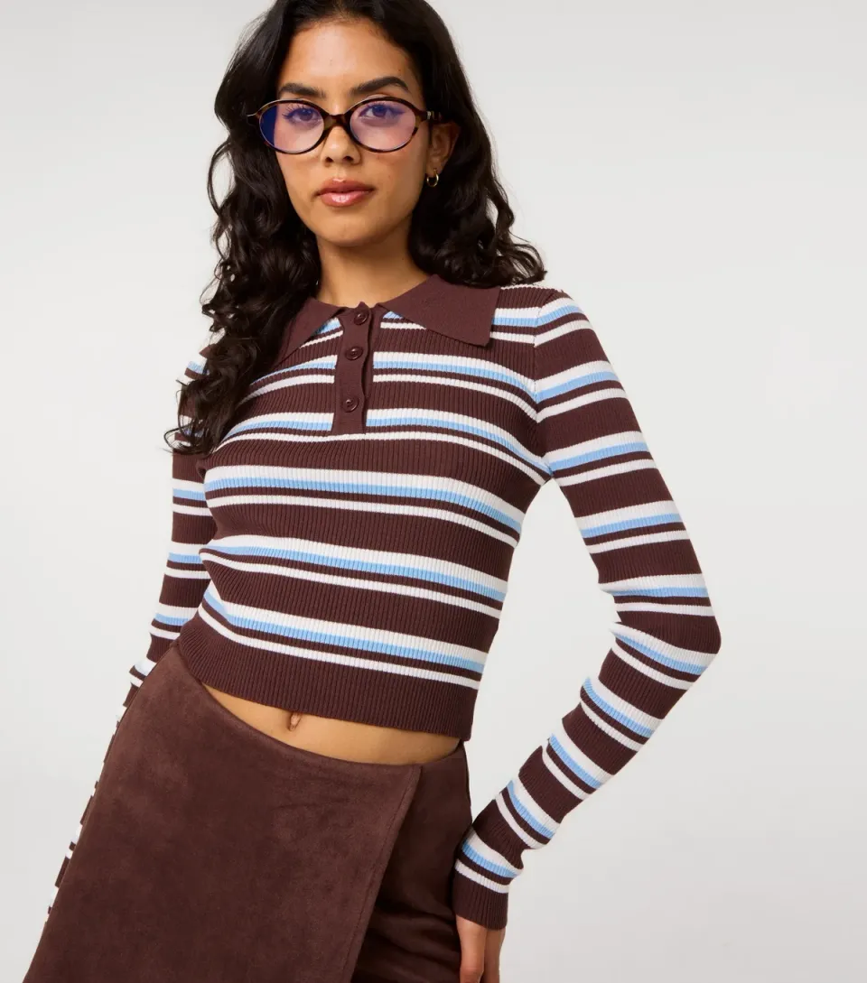 Women's Dark Brown Striped Long Sleeve Polo Shirt