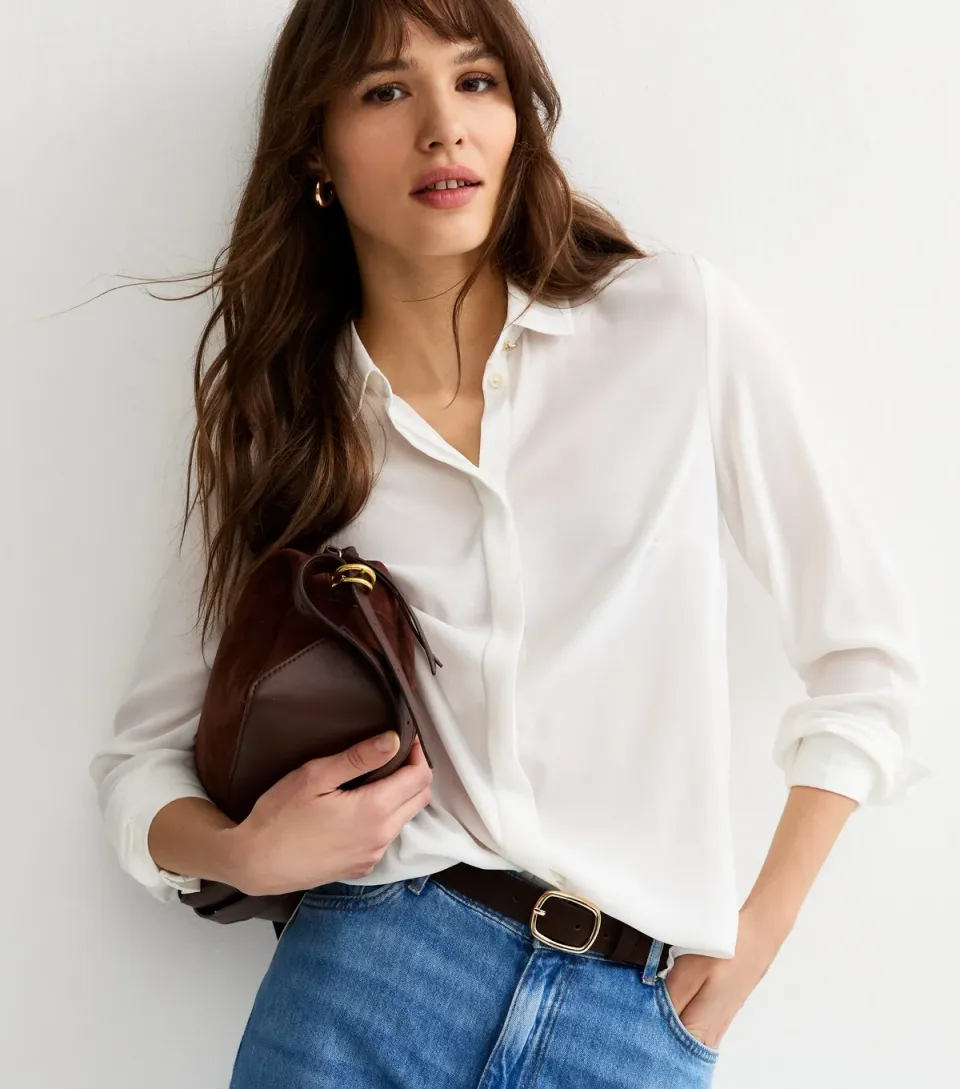 Women's Tall White Button Detail Long Sleeve Shirt