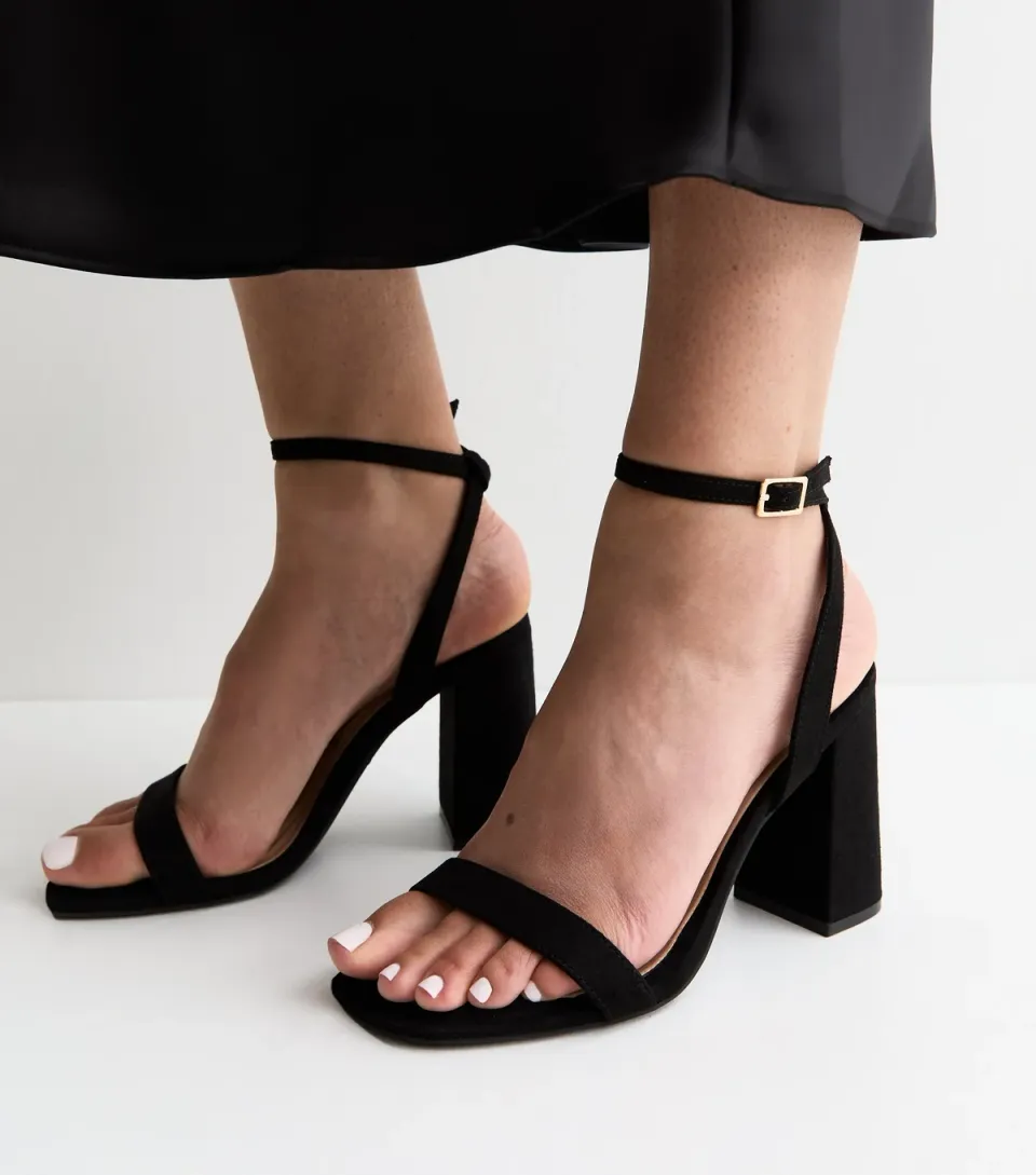 Women's Black Faux Suede High Block Heel Sandals Vegan