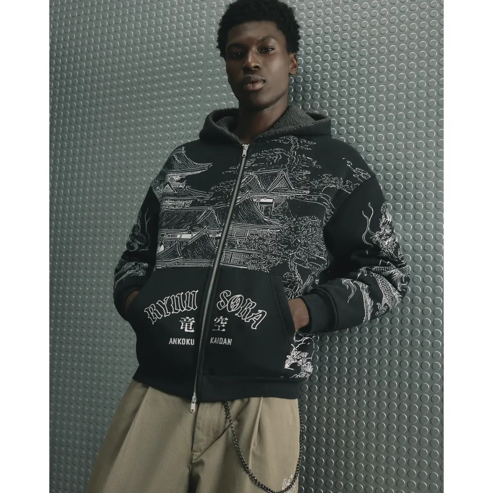 Cotton Japanese Print Borg Lined Hoodie
