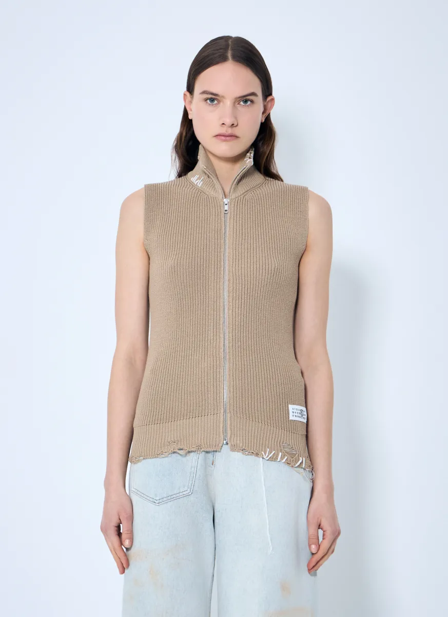 Distressed Zip-Up Knit Vest