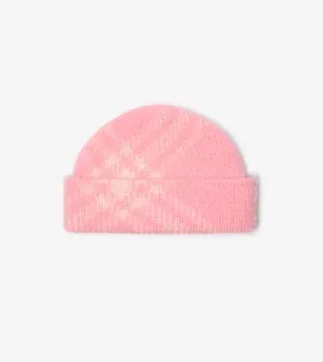 Check Mohair Wool Blend Beanie in Sugar pink