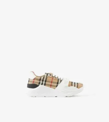 Check and Leather Sneakers in Archive beige