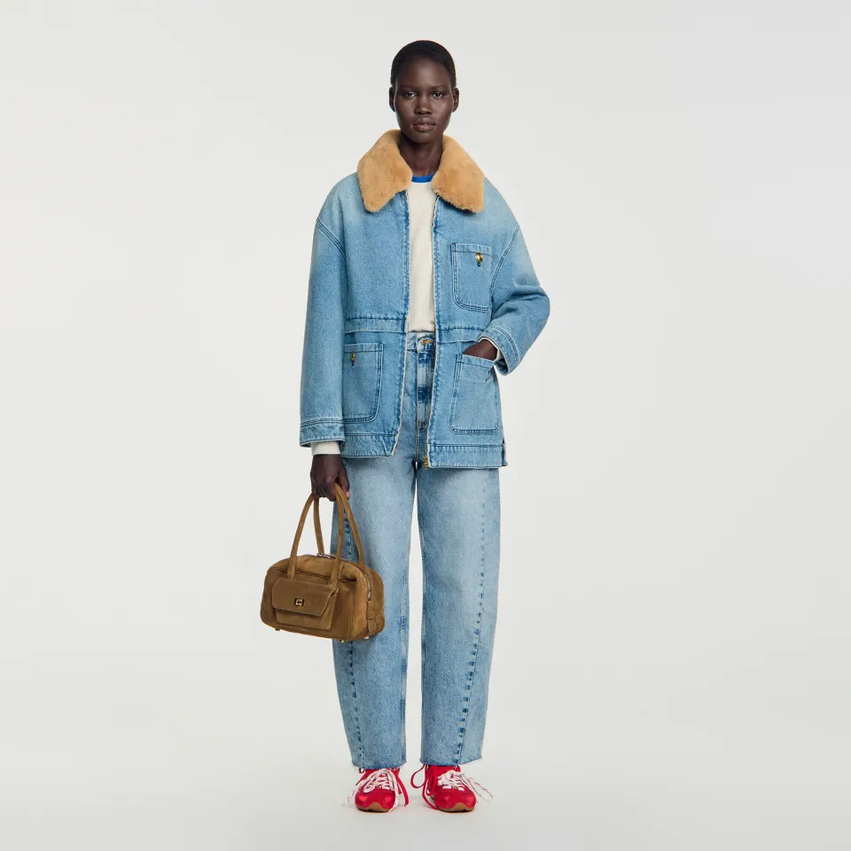 Denim coat with faux fur collar