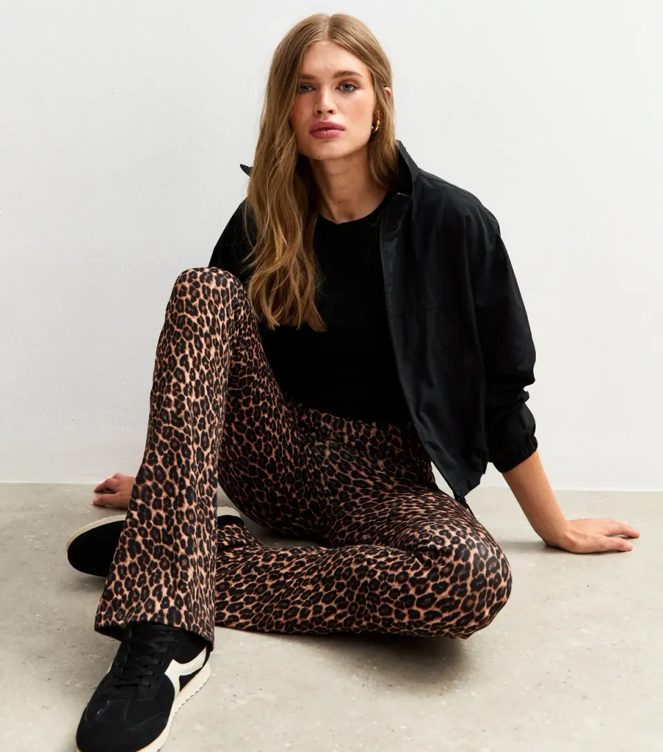 Women's Brown Leopard Print Jersey Kick Flare Leggings