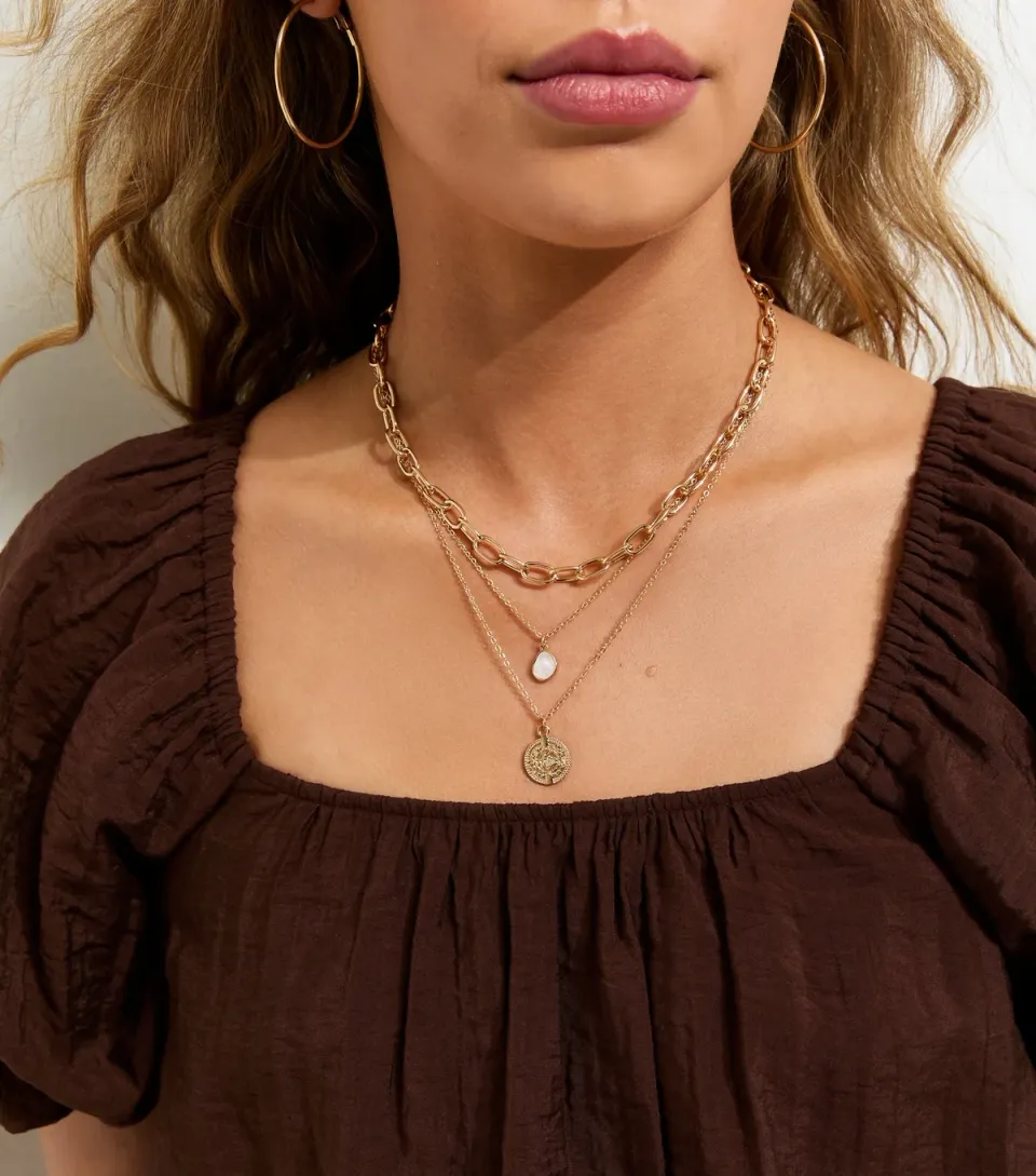 3 Layer Gold Tone Coin Pendant Chain Necklace