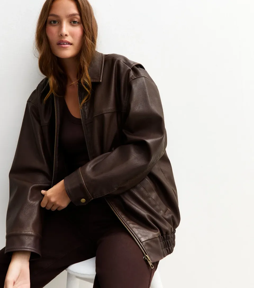 Women's Dark Brown Oversized Washed Faux Leather Jacket