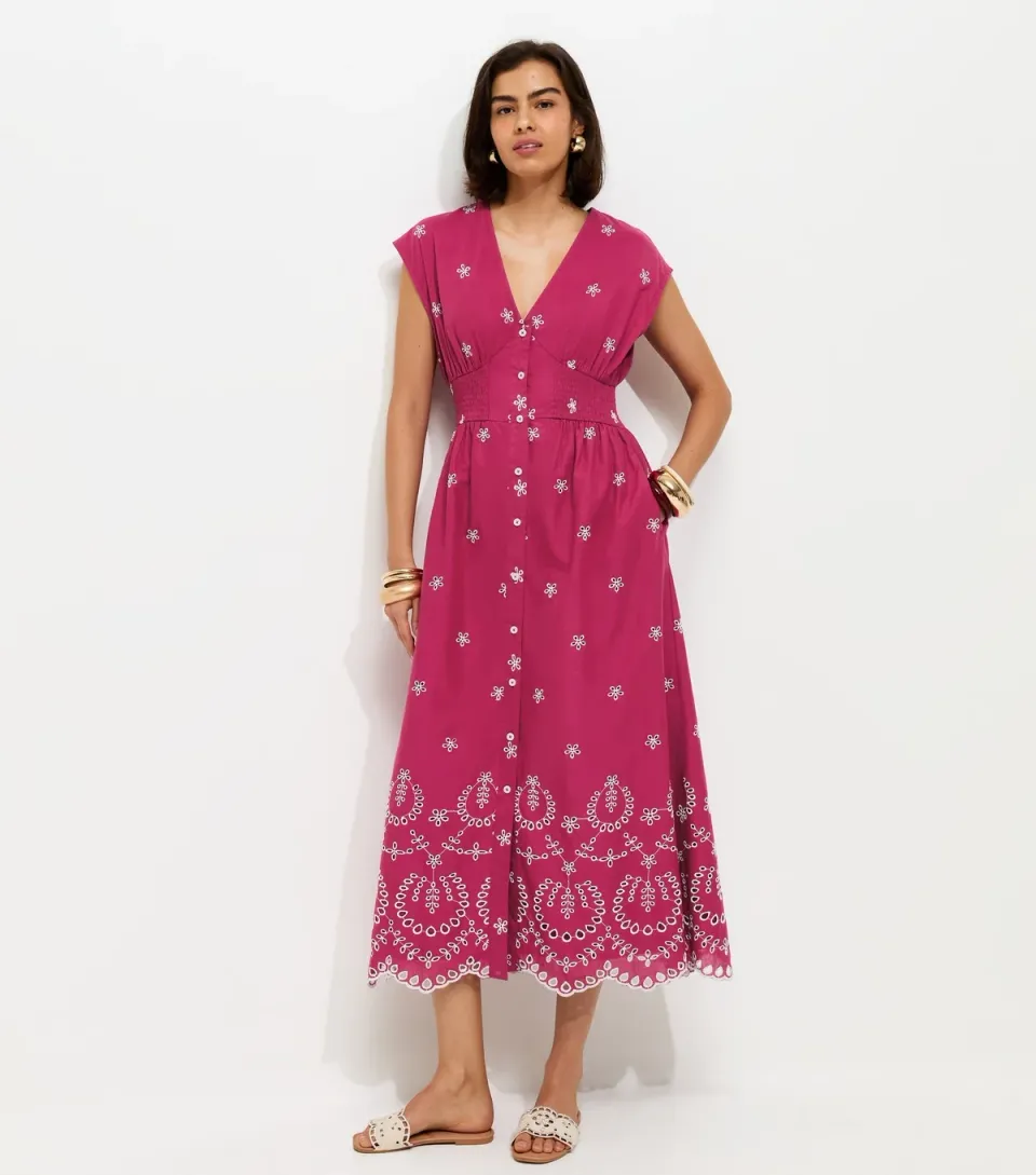 Women's Pink Embroidered Sleeveless V Neck Midi Dress