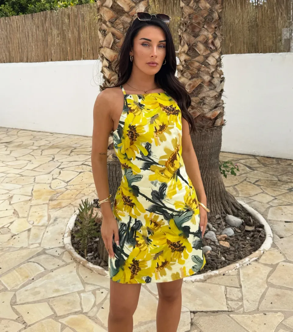 Women's Yellow Sunflower Racer Neck Mini Dress