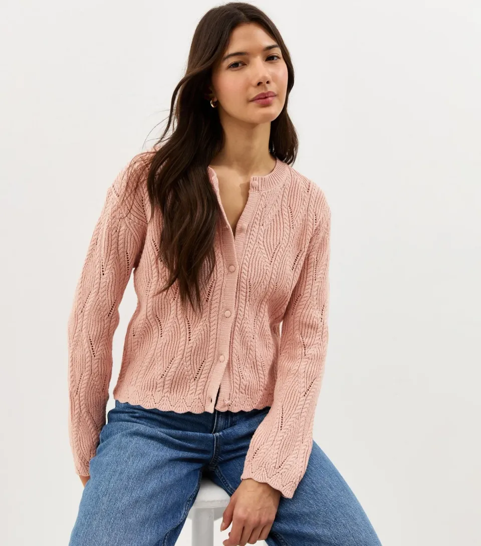 Women's Pink Cotton Rich Ladder Stitch Scallop Trim Knitted Cardigan