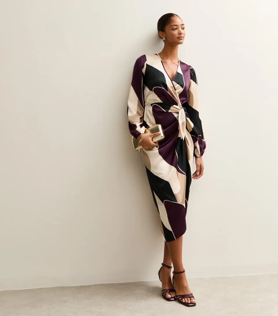 Women's Purple Satin Patterned Wrap Midi Dress