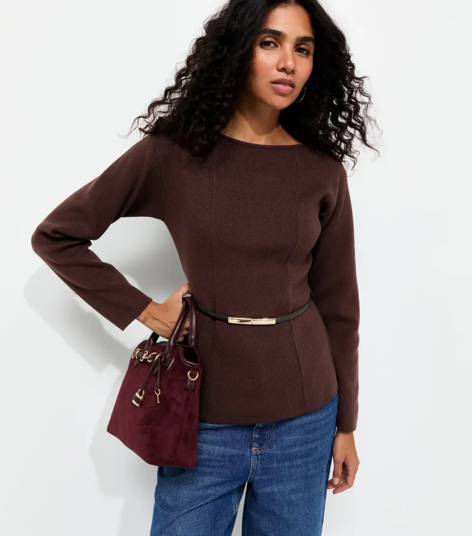 Women's Dark Burgundy Belted Slash Neck Jumper