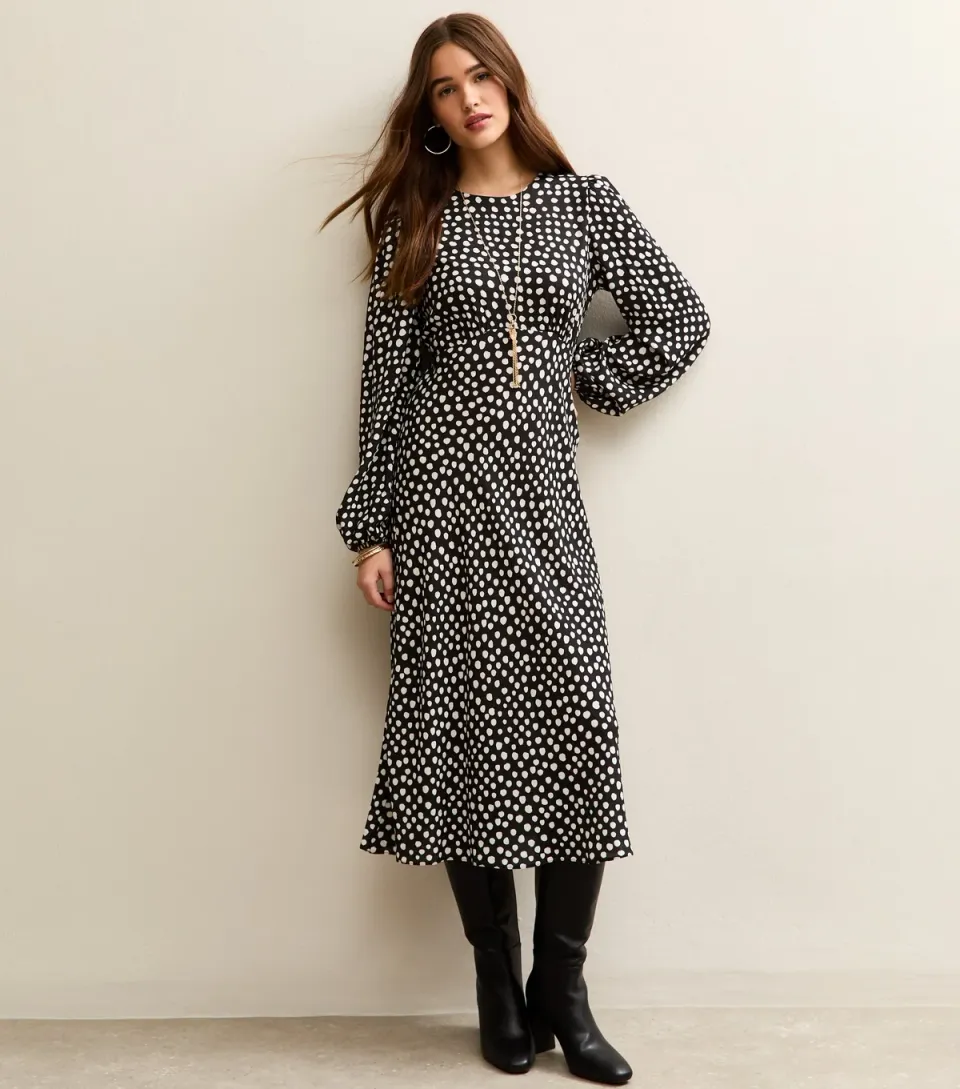 Women's Black Polka Dot Print Midi Dress