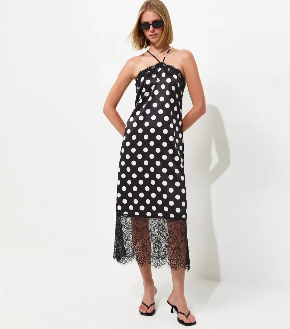 Women's Black Satin Lace Polka Dot Halterneck Midaxi Dress