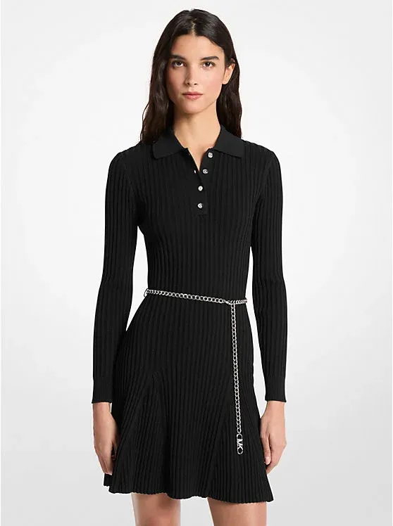 Ribbed Viscose Belted Polo Dress